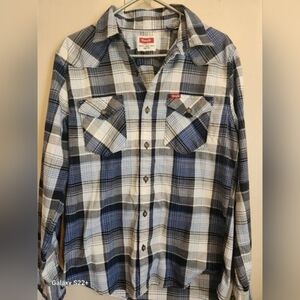 M3 Wrangler Blue, Black & White Plaid Western Shirt Button Up Long Sleeved